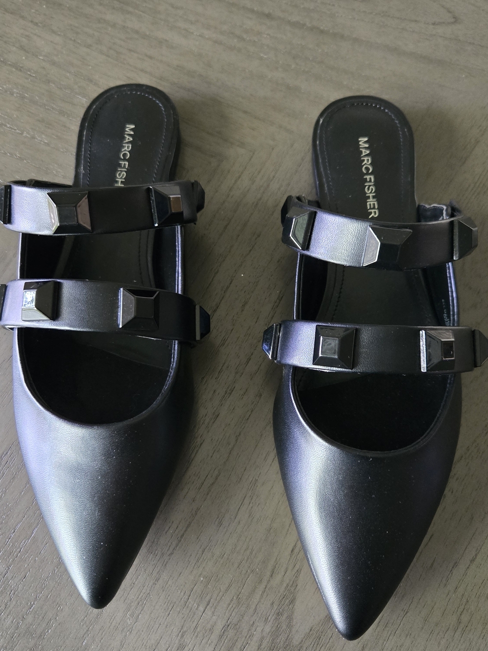 Marc Fisher Black Pointed Double-Strap Studded Mules 9